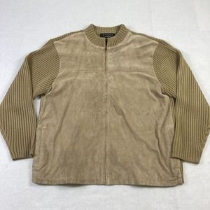 Protege Sweater Mens 2XL Brown Suede Leather Tight Knit Ribbed Full Zip 2 Tone